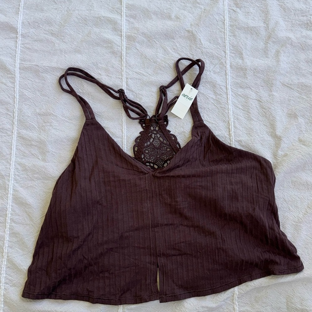 Aerie Deep Brown Lace Detail Crop Top